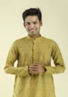 Nawab Parker Designer Motif Style Yellow Kurta Pajama for Men half front -view
