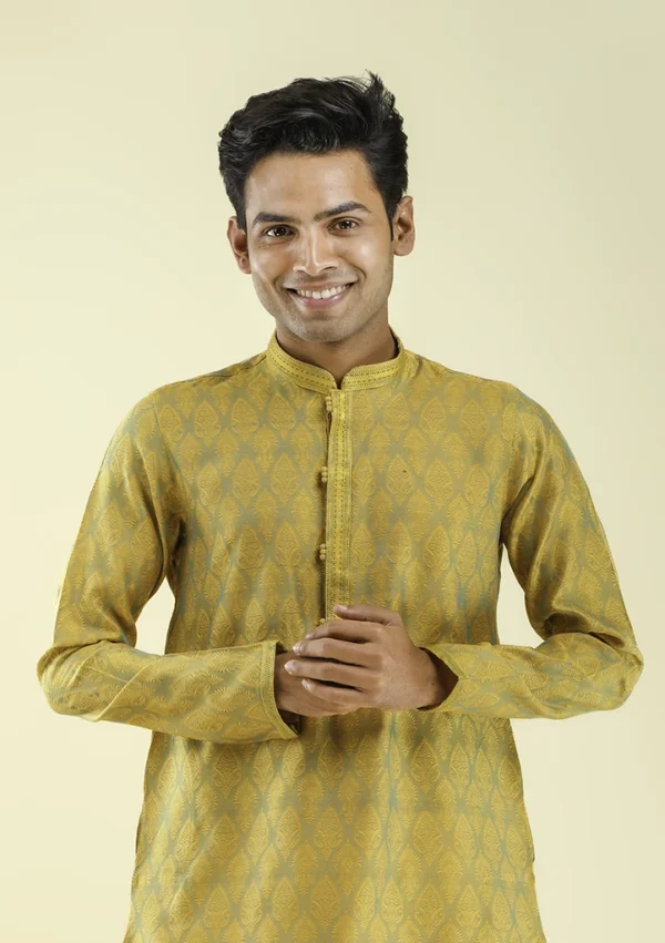 Nawab Parker Designer Motif Style Yellow Kurta Pajama for Men half front -view