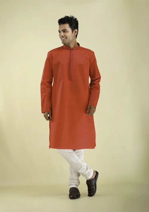 Nawab Parker Detailed Poly Cotton Red Kurta Pajama Wedding Wear front view
