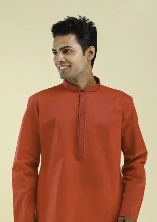 Nawab Parker Detailed Poly Cotton Red Kurta Pajama Wedding Wear half front view