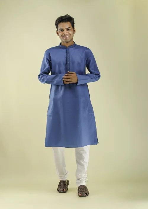 Nawab Parker Embroidered Collar Dark Blue Kurta Pajama For Men front view