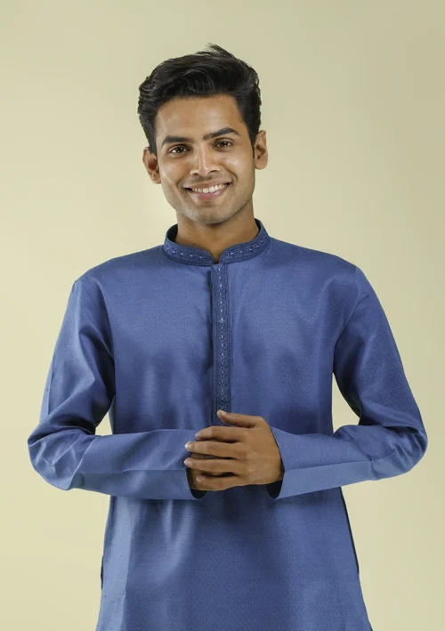 Nawab Parker Embroidered Collar Dark Blue Kurta Pajama For Men half front view