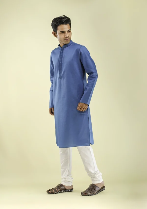 Nawab Parker Embroidered Collar Dark Blue Kurta Pajama For Men left view
