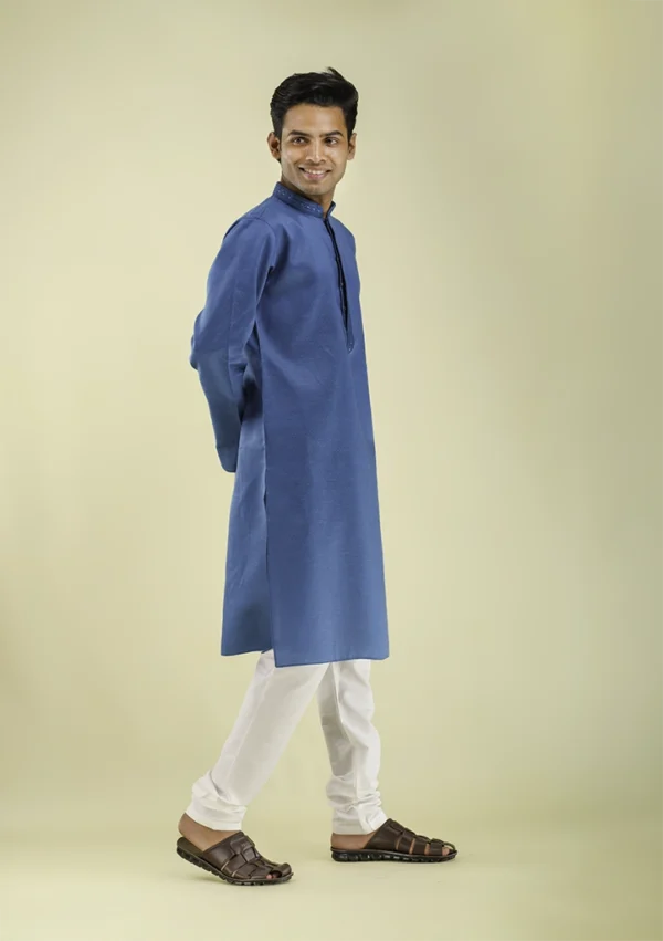 Nawab Parker Embroidered Collar Dark Blue Kurta Pajama For Men right view