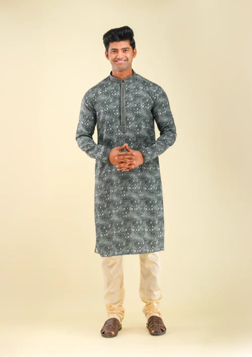 Nawab Parker Embroidery on Printed Grey Kurta Pajama Set for Men front full view
