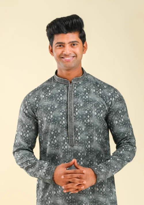 Nawab Parker Embroidery on Printed Grey Kurta Pajama Set for Men front kurta view