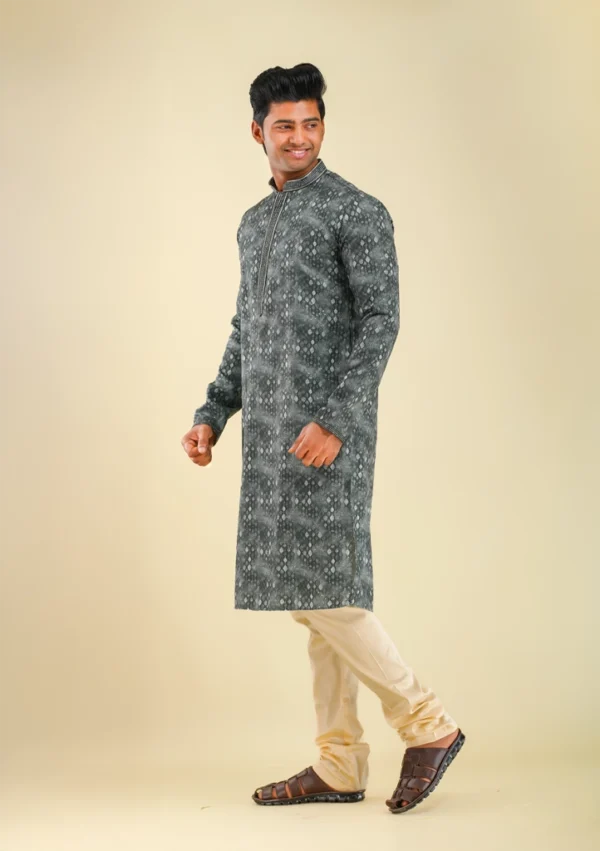 Nawab Parker Embroidery on Printed Grey Kurta Pajama Set for Men left view