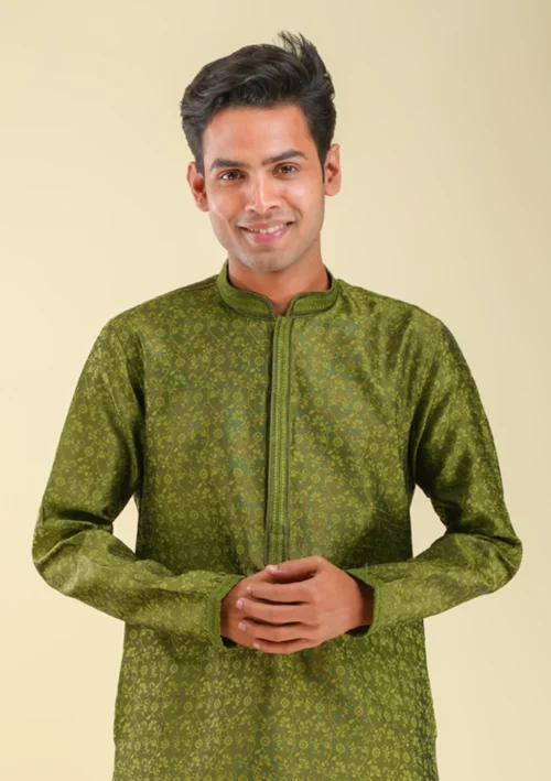Nawab Parker Ethnic Mehndi Colour Kurta Pajama for Mehndi Ceremony front kurta view