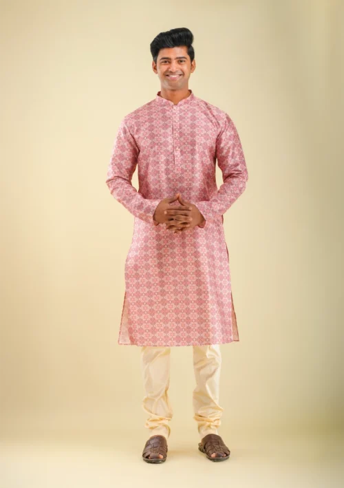 Nawab Parker Ethnic Menswear Subtle Printed Pink Kurta Pajama Set front full view