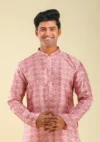 Nawab Parker Ethnic Menswear Subtle Printed Pink Kurta Pajama Set front kurta view