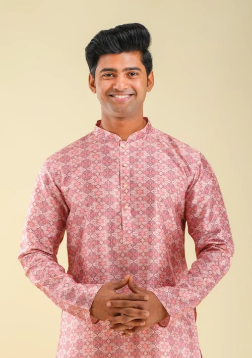 Nawab Parker Ethnic Menswear Subtle Printed Pink Kurta Pajama Set front kurta view