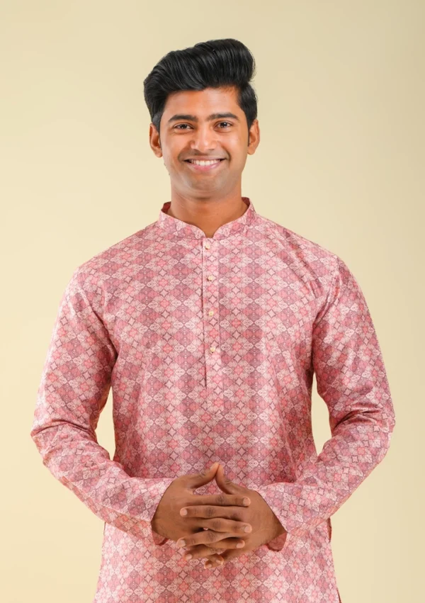Nawab Parker Ethnic Menswear Subtle Printed Pink Kurta Pajama Set front kurta view