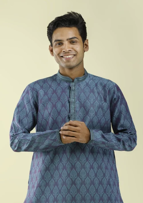 Nawab Parker Exclusive Art Silk Motif Woven Kurta Pajama for Men half front - view