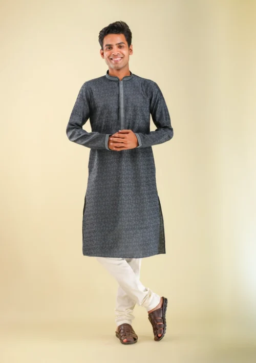 Nawab Parker Festive Special Dark Gray Kurta Pajama with Flower Pattern front full view