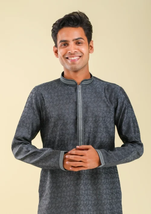 Nawab Parker Festive Special Dark Gray Kurta Pajama with Flower Pattern front kurta view