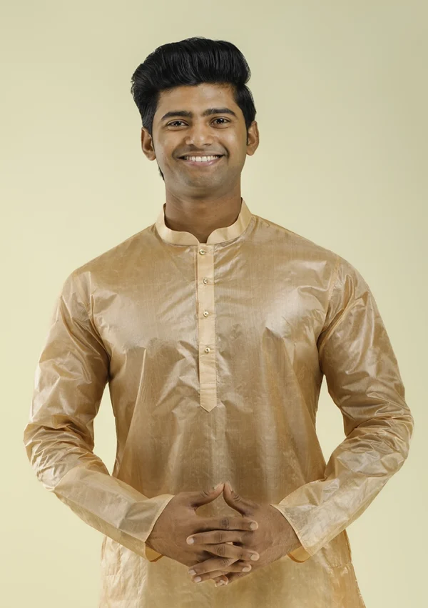 Nawab Parker Festive Wear Chikoo Silk Kurta Pajama for Men half front view
