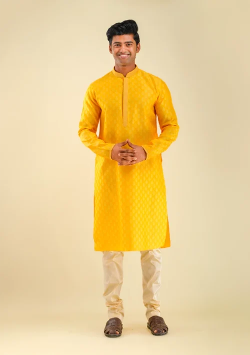 Nawab Parker Festive Wear Silk Blend Yellow Kurta Pajama for Men front full view