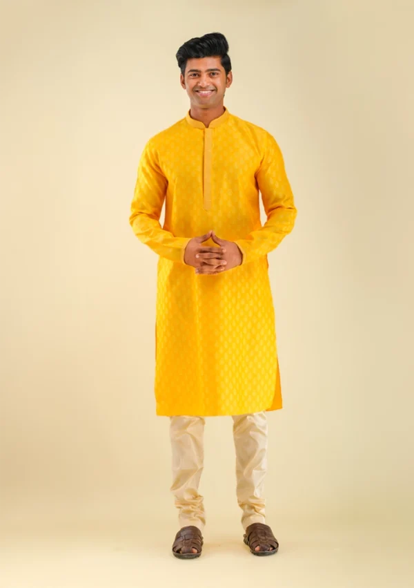 Nawab Parker Festive Wear Silk Blend Yellow Kurta Pajama for Men front full view