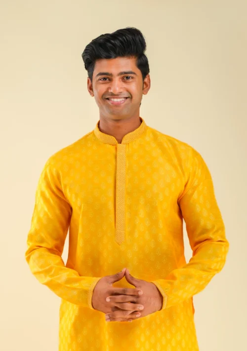 Nawab Parker Festive Wear Silk Blend Yellow Kurta Pajama for Men front kurta view