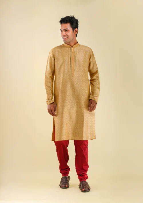Nawab Parker Full Sleeves Fawn Golden Kurta Pajama for Men with Subtle Texture front full view