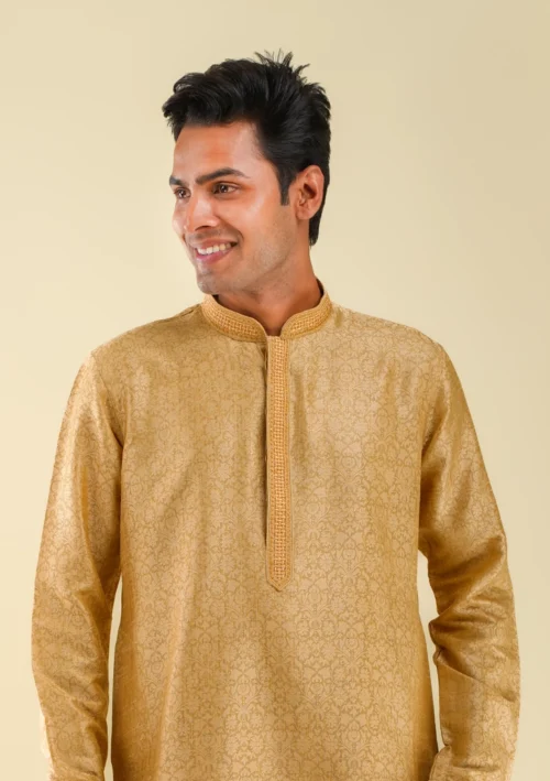 Nawab Parker Full Sleeves Fawn Golden Kurta Pajama for Men with Subtle Texture front half view