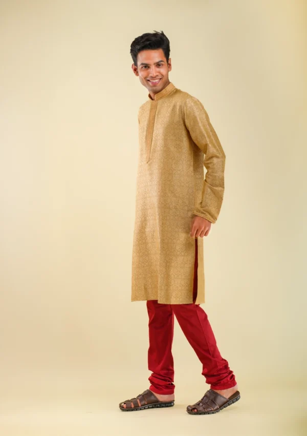 Nawab Parker Full Sleeves Fawn Golden Kurta Pajama for Men with Subtle Texture left view