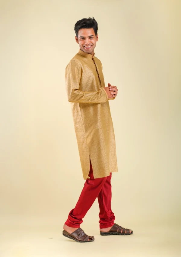 Nawab Parker Full Sleeves Fawn Golden Kurta Pajama for Men with Subtle Texture right view