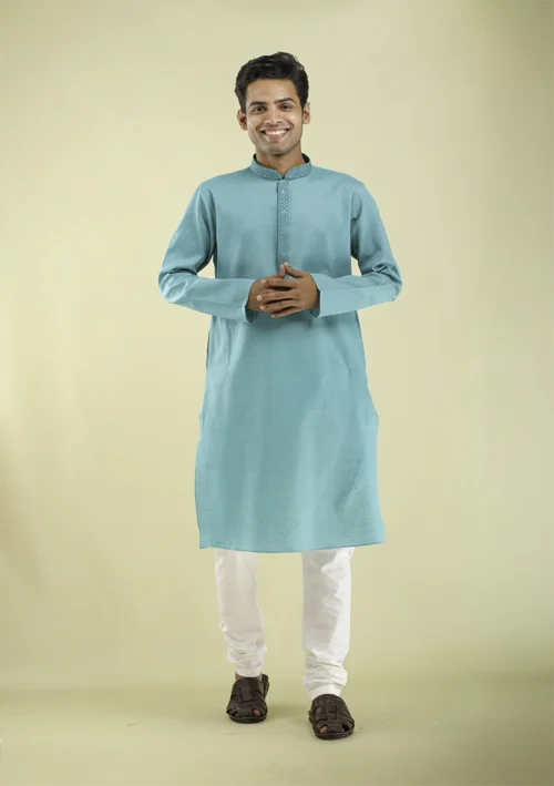 Nawab Parker Geometric Pattern Aqua Blue Kurta Pajama for Men Online front view