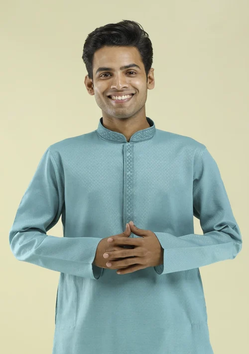 Nawab Parker Geometric Pattern Aqua Blue Kurta Pajama for Men Online half front view