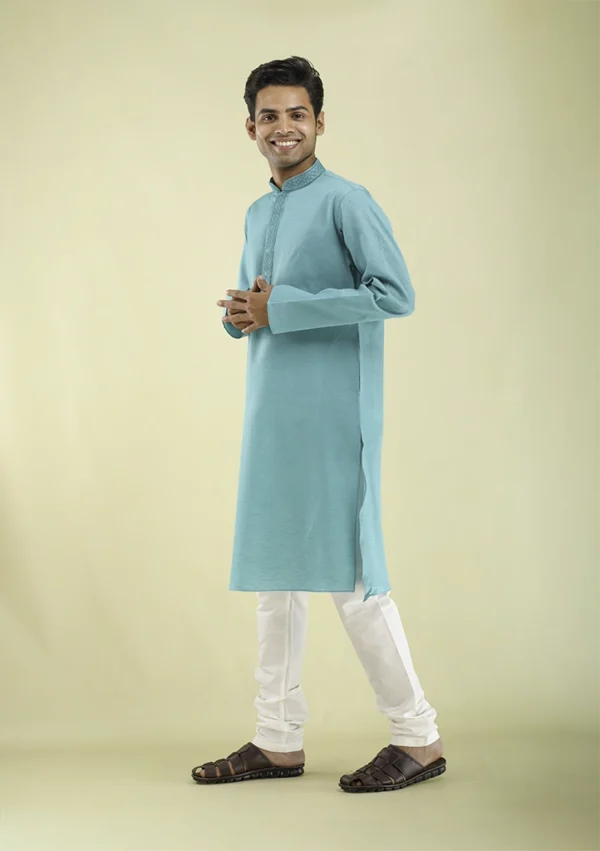 Nawab Parker Geometric Pattern Aqua Blue Kurta Pajama for Men Online left view