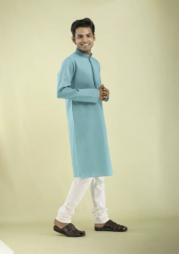 Nawab Parker Geometric Pattern Aqua Blue Kurta Pajama for Men Online right view