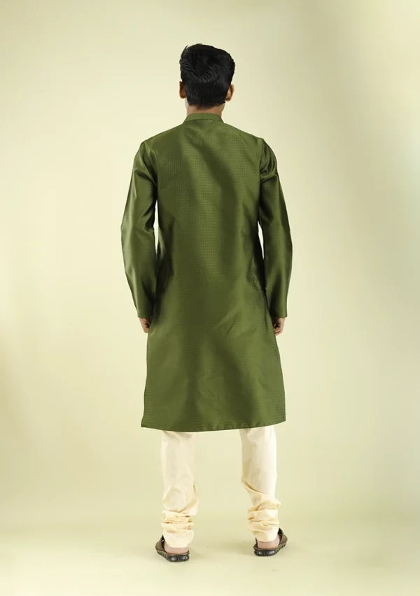 Nawab Parker Glossy Silk Olive Green Kurta Pajama for Eid back view