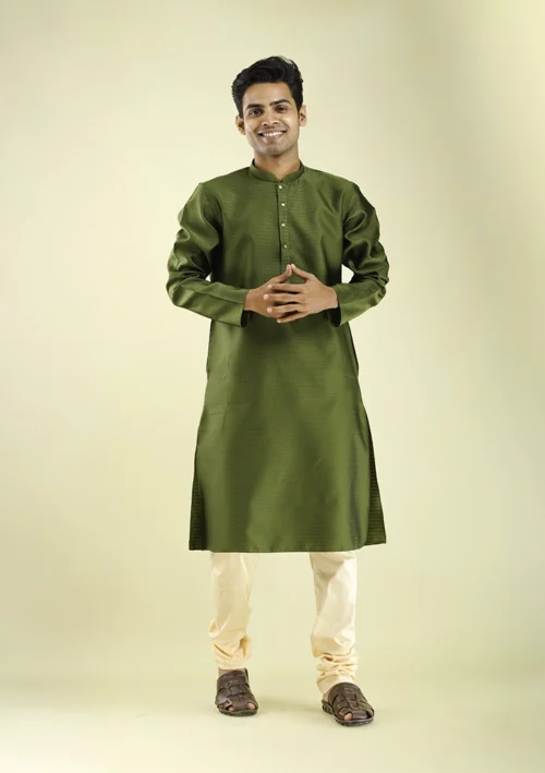 Nawab Parker Glossy Silk Olive Green Kurta Pajama for Eid front view