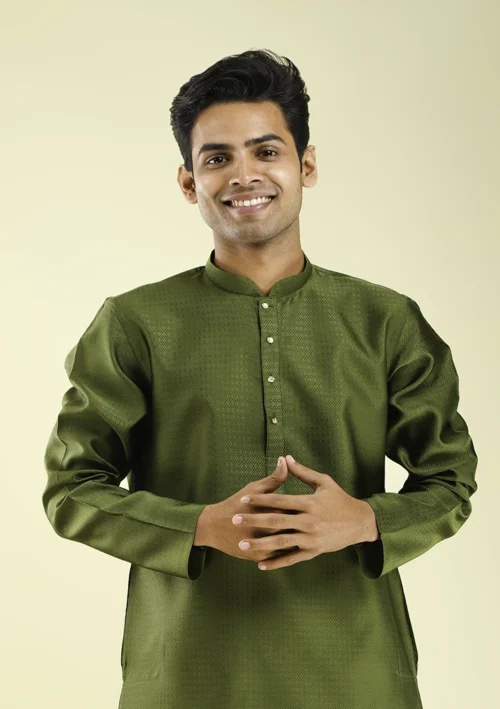 Nawab Parker Glossy Silk Olive Green Kurta Pajama for Eid half front view