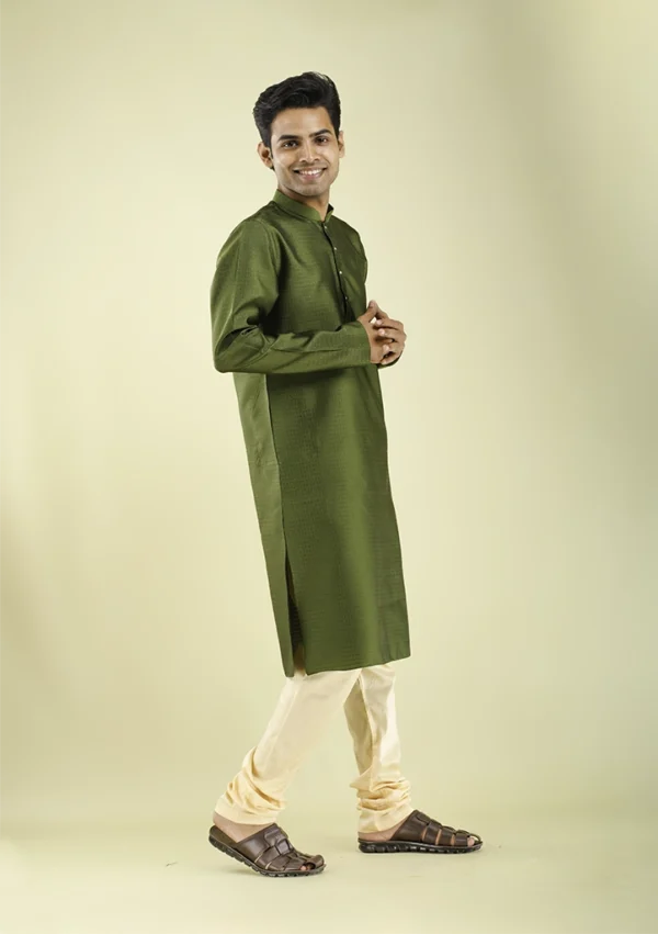 Nawab Parker Glossy Silk Olive Green Kurta Pajama for Eid right view