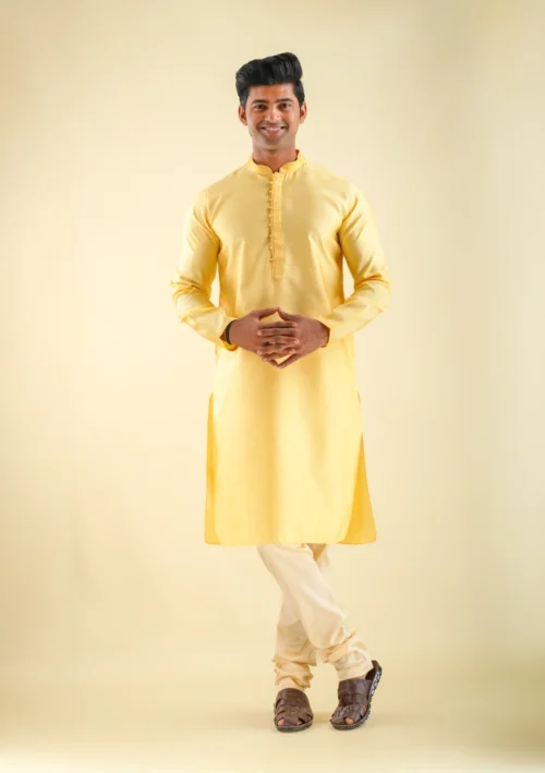 Nawab Parker Golden Yellow Silk Party Wear Kurta Pajama for Men front full view