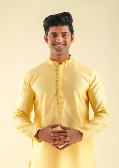 Nawab Parker Golden Yellow Silk Party Wear Kurta Pajama for Men front kurta view