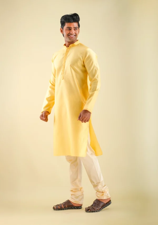Nawab Parker Golden Yellow Silk Party Wear Kurta Pajama for Men left view