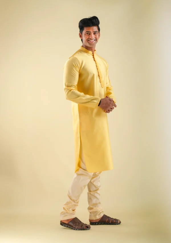 Nawab Parker Golden Yellow Silk Party Wear Kurta Pajama for Men right view