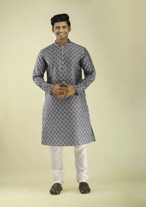 Nawab Parker Intricate Damask Print Black Kurta Pajama for Men front -view