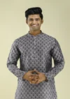 Nawab Parker Intricate Damask Print Black Kurta Pajama for Men half front -view