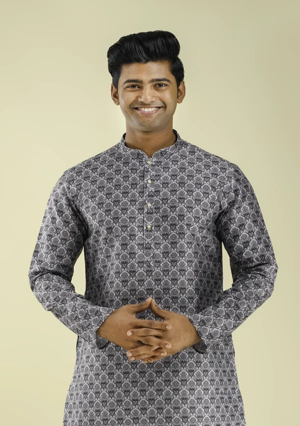 Nawab Parker Intricate Damask Print Black Kurta Pajama for Men half front -view