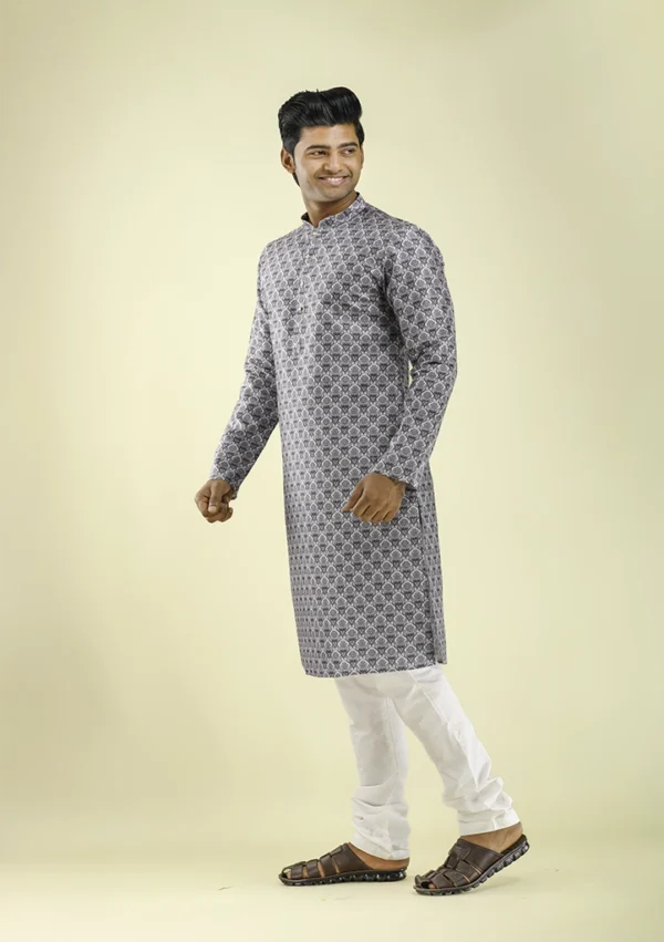 Nawab Parker Intricate Damask Print Black Kurta Pajama for Men left -view