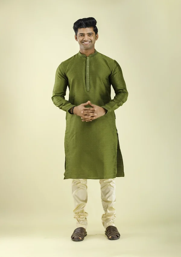 Nawab Parker Latest Art Silk Kurta Pajama For Men with Embroidered Collar - Front View