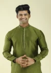 Nawab Parker Latest Art Silk Kurta Pajama For Men with Embroidered Collar - Half Front View