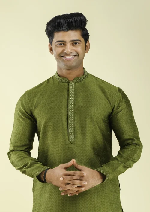 Nawab Parker Latest Art Silk Kurta Pajama For Men with Embroidered Collar - Half Front View