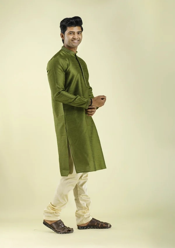 Nawab Parker Latest Art Silk Kurta Pajama For Men with Embroidered Collar - Left View