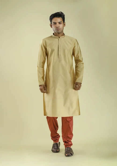 Nawab Parker Long Sleeve Golden Kurta Pajama Set for Men front - view