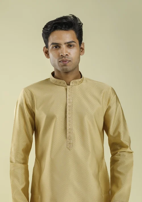 Nawab Parker Long Sleeve Golden Kurta Pajama Set for Men half front - view