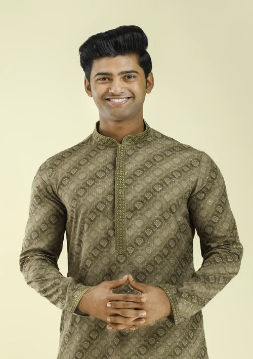 Nawab Parker Mehndi Brown Taupe Printed Kurta Pajama for Men